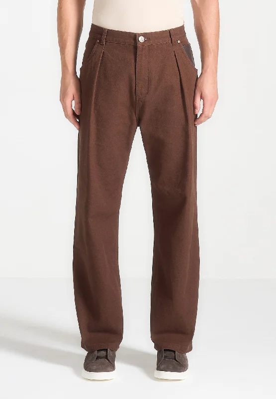 Relaxed Fit Pleated Gabardine Jeans - Brown