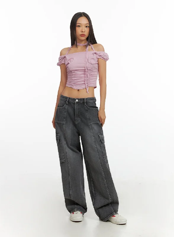 Washed Wide Leg Cargo Jeans IY422