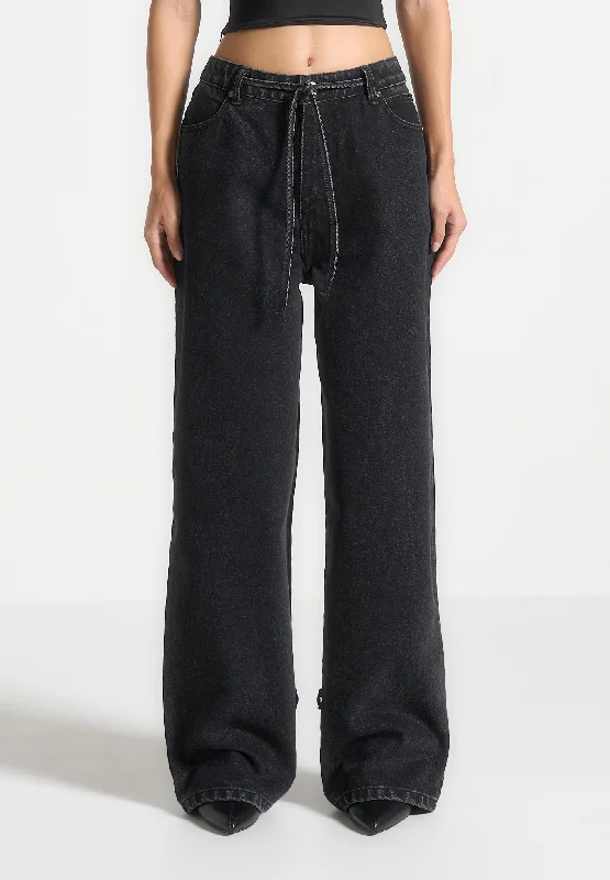 Baggy Mid Rise Jeans with Tie Waist - Washed Black