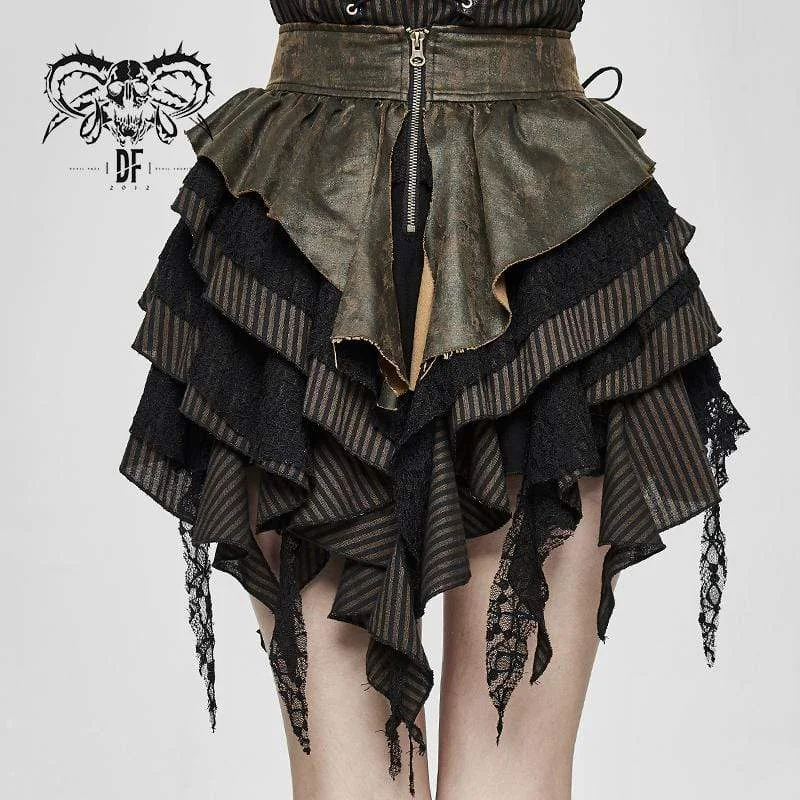 Women's Vintage Lace-up Sashes Ruffles Layered Skirts