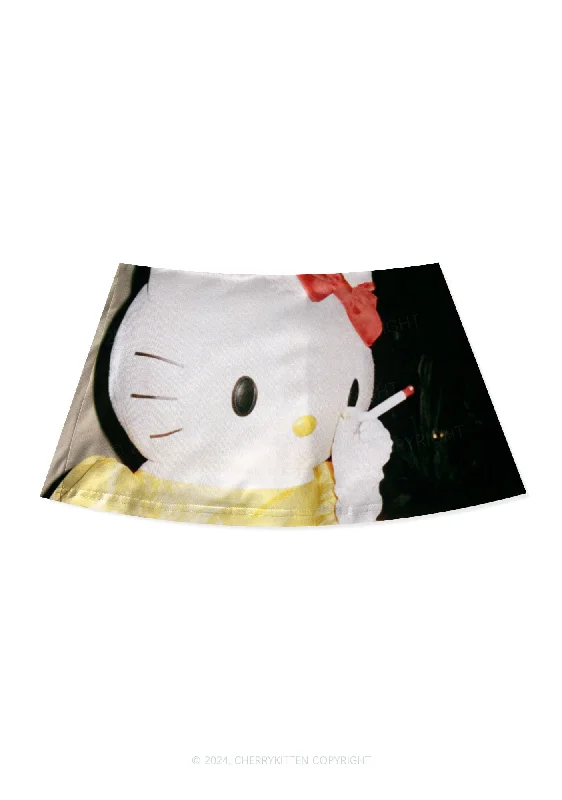 White Kitten Y2K Print Mini Skirt Cherrykitten