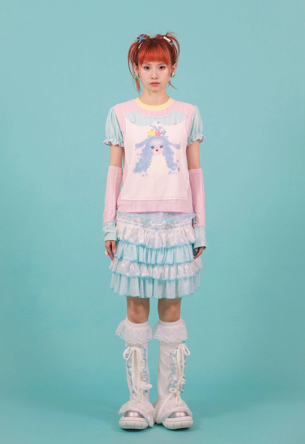 Frufru Tiered Ruffle Skirt - Girls' Pastel Blue And White Layered Summer Mini Skirt