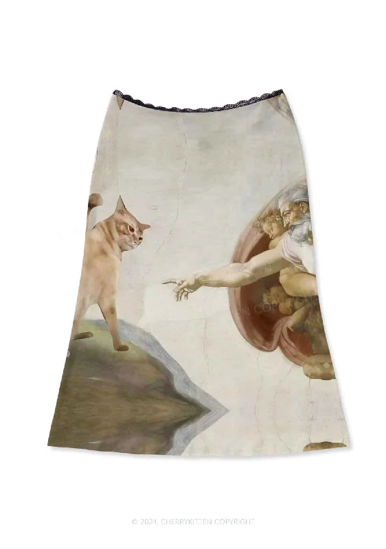 God Give Cat Y2K Print Midi Skirt Cherrykitten