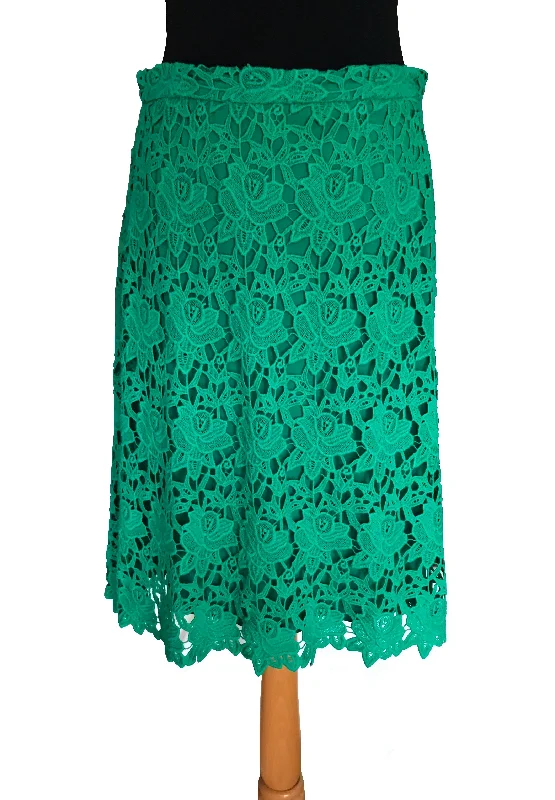 ZARA Emerald Green Floral Cotton Lace A-Line Knee Length Summer Skirt