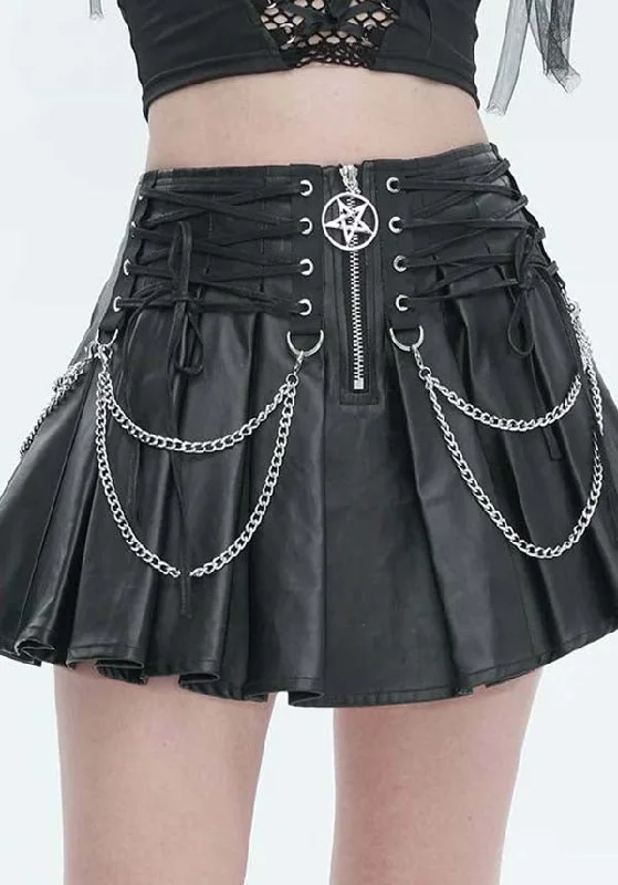 Devil Fashion Gothic Punk Pleated Mini Skirt - Black Faux Leather with Corset Lacing, Zipper Front, and Chain Accents