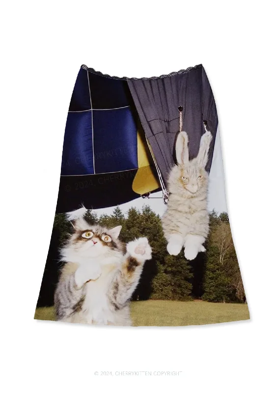 Kitten Camping Y2K Print Midi Skirt Cherrykitten