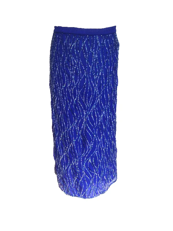 70s-80s Silk Electric Blue Rainbow Sequinned Party Midi Skirt sz L-XL