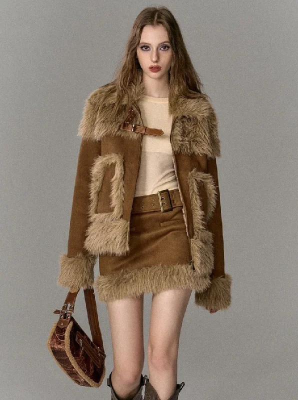 Suede Fur Skirt And Jacket Two-Piece Set