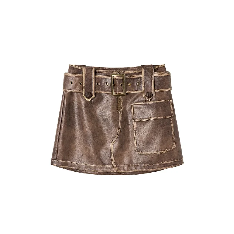 Brown Distressed Leather Skirt - Premium Quality