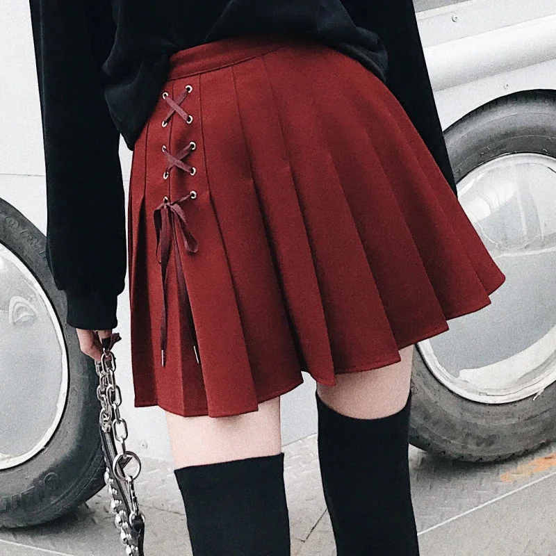 KittenAlarm - Front Lace Tie Pleated Mini Skirts