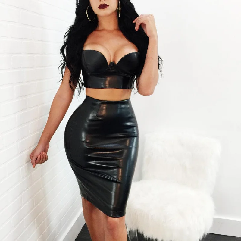 KittenAlarm - Leah PU Leather Top & Skirt Set