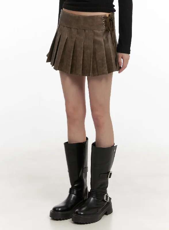 Pleated Faux-Leather Lace-Up Mini Skirt CD426