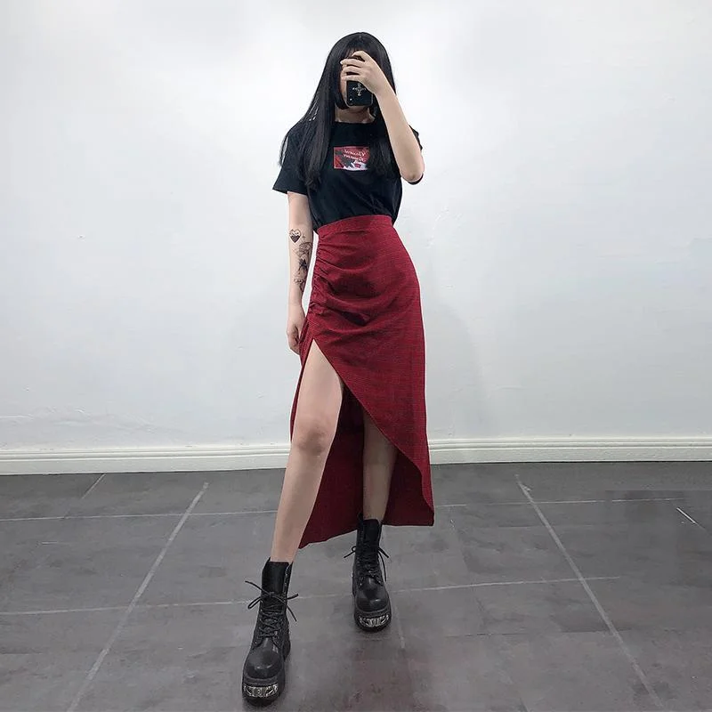 Women's Ruched Red Slit Wrap Skirts