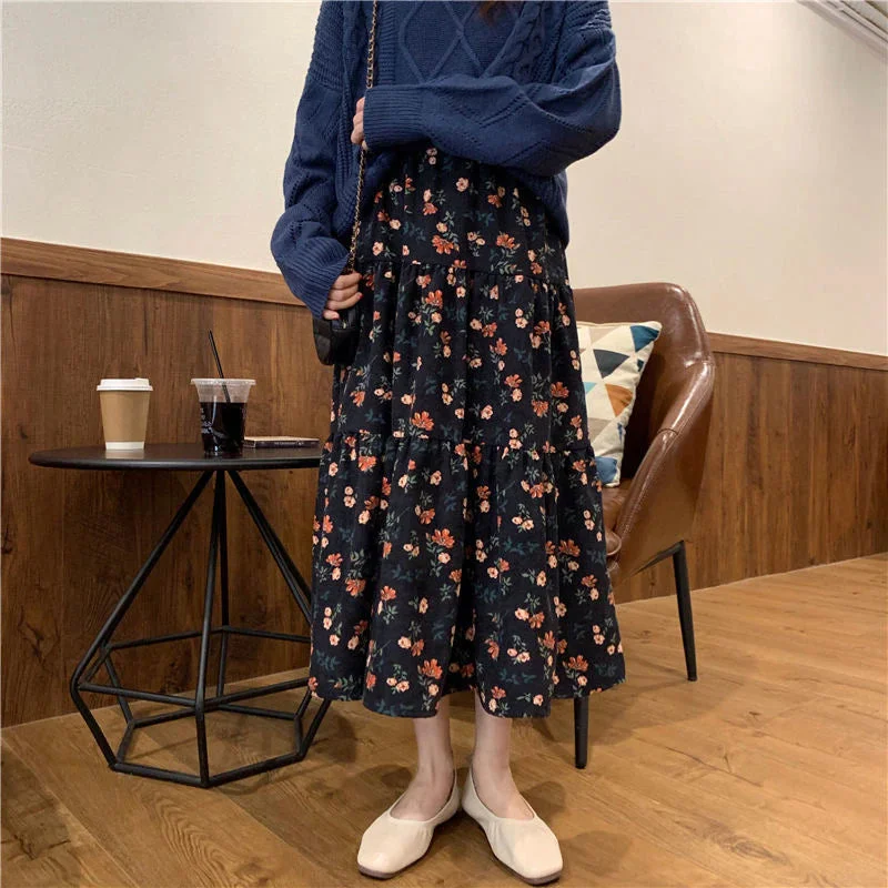 KittenAlarm - High Waist A-Line Flower Printed Corduroy Long Skirt