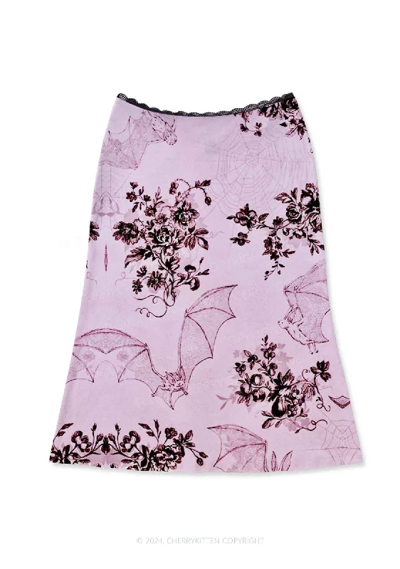 Pink Bat Y2K Print Midi Skirt Cherrykitten