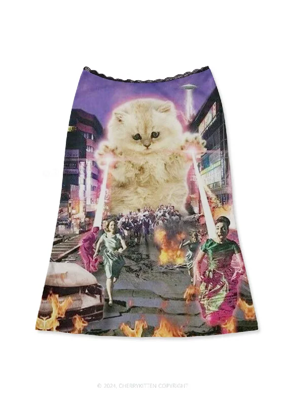 Super Power Kitten Y2K Print Midi Skirt Cherrykitten