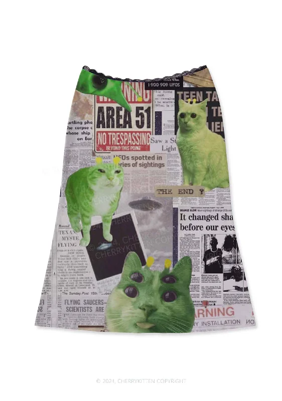 Green Alien Kitten Y2K Print Midi Skirt Cherrykitten