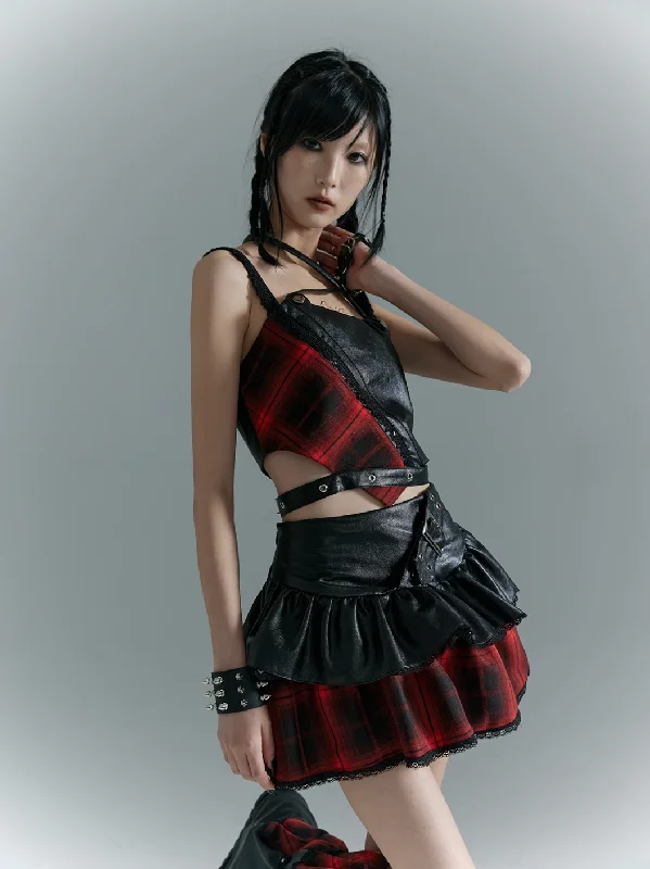 Frustration Garden Punk Rock Mini Skirt - Red Plaid with Black Leather Ruffle Overlay and Studded Belt