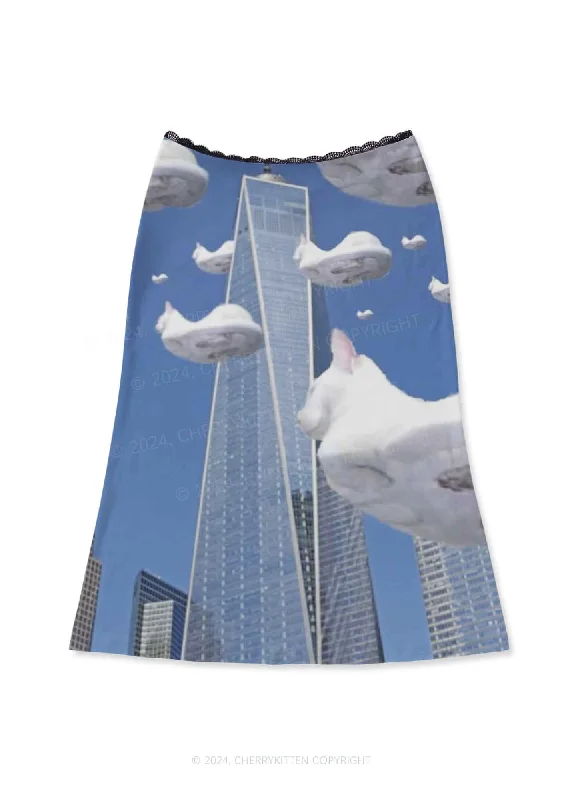 Flying Cats Y2K Print Midi Skirt Cherrykitten