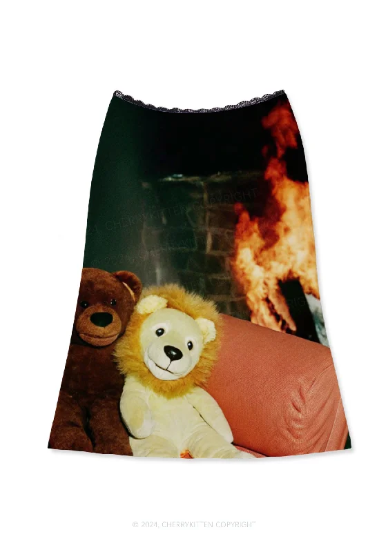 Bear And Lion Y2K Print Midi Skirt Cherrykitten