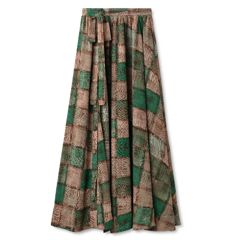 Button Down Plaid Print Skirt IN: Green Brown Plaid